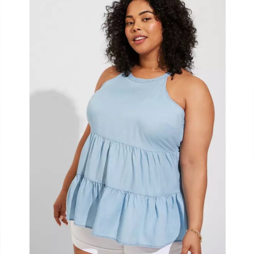 Torrid Women’s Size 2 Blue Chambray Halter Neck Tiered Sleeveless Top NWT